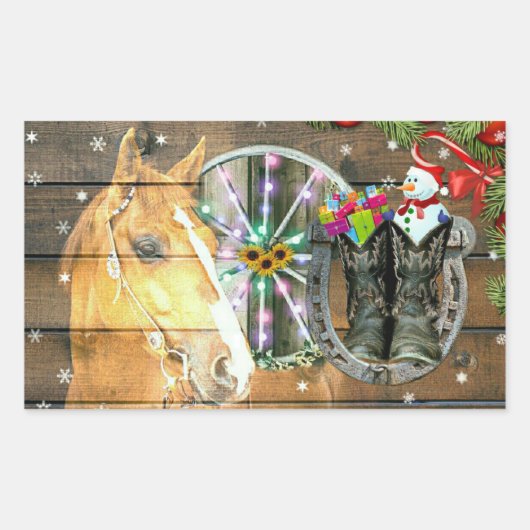 Weihnachtspferd Wagon Wheel Cowboy Boots Garland Rechteckiger Aufkleber (Vorderseite)