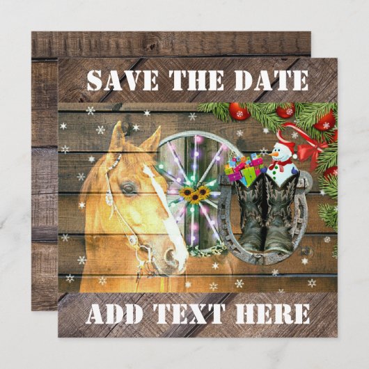 Weihnachtspferd Wagon Wheel Cowboy Boots Garland Save The Date (Vorne/Hinten)