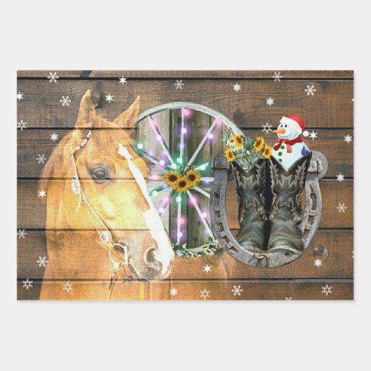 Weihnachtspferd Wagon Wheel Cowboy Stiefel Horsesh Geschenkpapier Set (Vorderseite)