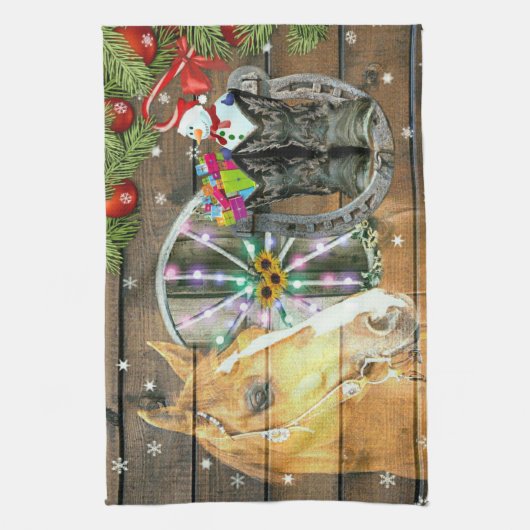 Weihnachtspferd Wagon Wheel Cowboy Stiefel Horsesh Geschirrtuch (Vertikal)