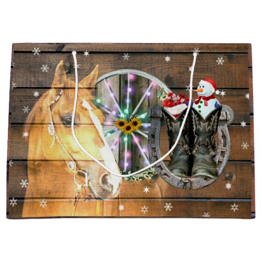 Weihnachtspferd Wagon Wheel Cowboy Stiefel Horsesh Große Geschenktüte (Vorderseite)