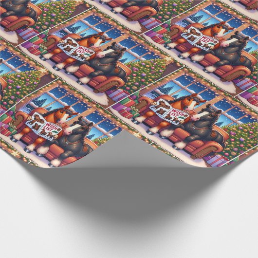 Weihnachtspferde auf Sofa mit neuem Sattelseherbuc Geschenkpapier (Ecke)