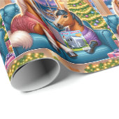 Weihnachtspferde auf Sofa mit Trailer Wunschbuch Geschenkpapier (Rolleneckpunkt)