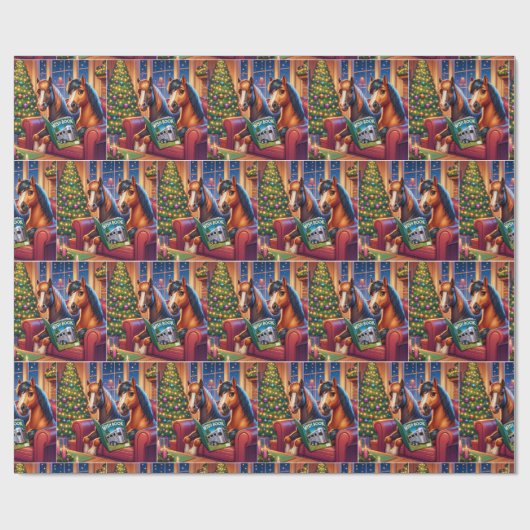 Weihnachtspferde auf Sofa mit Trailer Wunschbuch Geschenkpapier (Flach)