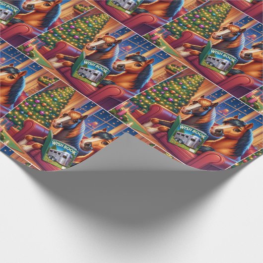 Weihnachtspferde auf Sofa mit Trailer Wunschbuch Geschenkpapier (Ecke)