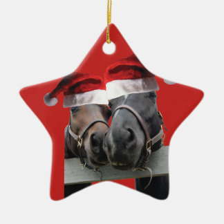Weihnachtspferde in Santa Claus Hats Keramik Ornament