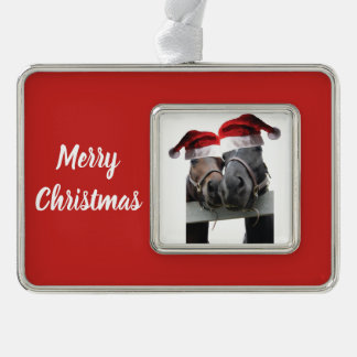 Weihnachtspferde in Santa Claus Hats Rahmen-Ornament Silber