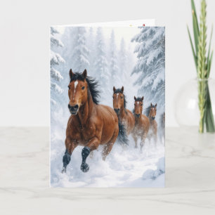Weihnachtspferde laufen durch einen schneebedeckte karte
