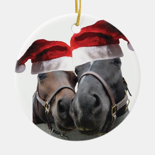 Weihnachtspferde mit Weihnachtsmann Hat Keramik Ornament (Vorne)