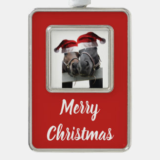 Weihnachtspferde mit Weihnachtsmannmützen Rahmen-Ornament Silber