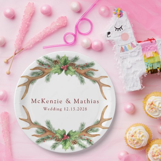 Weihnachtspine und Hirschgeweihe Hochzeit Pappteller (Party)