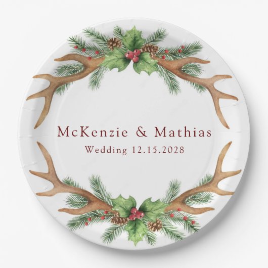 Weihnachtspine und Hirschgeweihe Hochzeit Pappteller (Vorderseite)