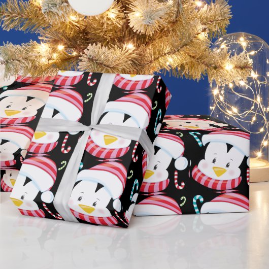 Weihnachtspinguin Cartoon Zuckerrohrmuster schwarz Geschenkpapier (Feiertage)