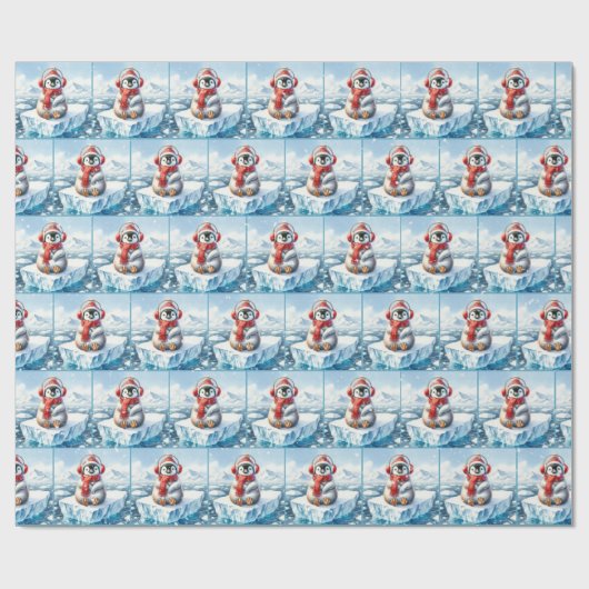 Weihnachtspinguin in Schneeflocken Geschenkpapier (Flach)