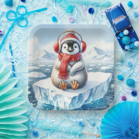 Weihnachtspinguin in Schneeflocken Pappteller (Party)