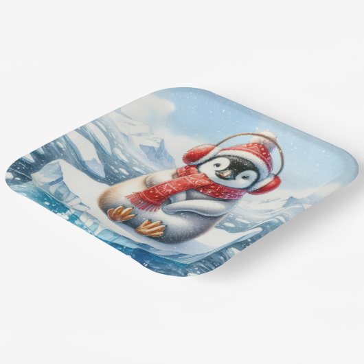 Weihnachtspinguin in Schneeflocken Pappteller (Gewinkelt)
