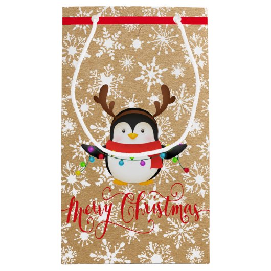 Weihnachtspinguin mit Lichtern auf Papiertüte auss Kleine Geschenktüte (Rückseite)