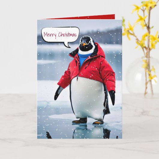 Weihnachtspinguin mit Rotem Coat Karte (Gelbe Blume)