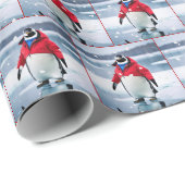 Weihnachtspinguin mit Rotem Coat und Schneeflocken Geschenkpapier (Rolleneckpunkt)