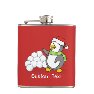 Weihnachtspinguin mit Schneebälle schwingen Flachmann