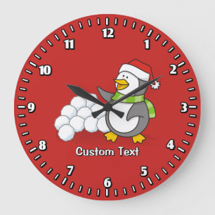 Weihnachtspinguin mit Schneebälle schwingen Große Wanduhr