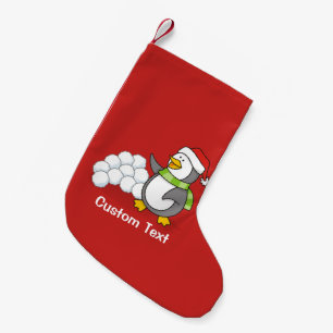 Weihnachtspinguin mit Schneebälle schwingen Kleiner Weihnachtsstrumpf
