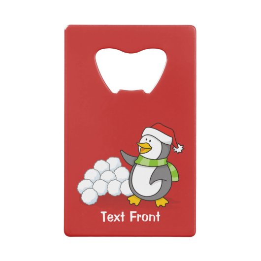 Weihnachtspinguin mit Schneebälle schwingen Kreditkartenflaschenöffner (Vorderseite)
