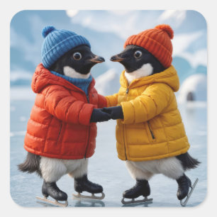 Weihnachtspinguin-Paar beim Eislaufen  Quadratischer Aufkleber