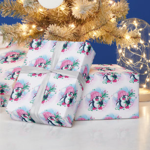Weihnachtspinguin Rosa Hut Aquarell-Feiertag Geschenkpapier