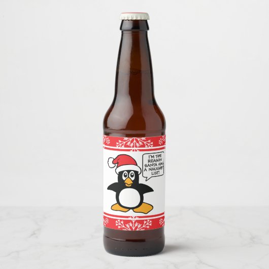 Weihnachtspinguin Santa Naughty List Bierflaschenetikett (Vorderseite)