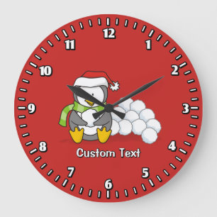Weihnachtspinguin sitzend mit Schneebälle Große Wanduhr