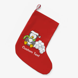 Weihnachtspinguin sitzend mit Schneebälle Kleiner Weihnachtsstrumpf