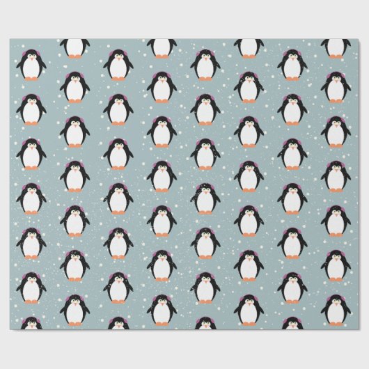 Weihnachtspinguine in Schneeflocken Geschenkpapier (Flach)