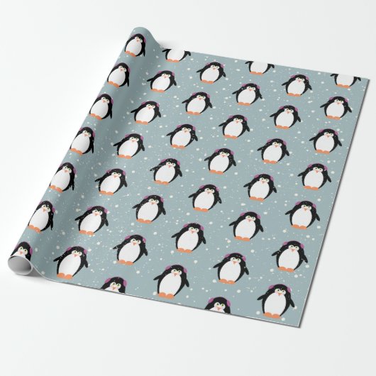 Weihnachtspinguine in Schneeflocken Geschenkpapier (Ungerollt)
