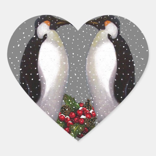 Weihnachtspinguine in Snow, Holly: Kunst Herz-Aufkleber (Vorderseite)