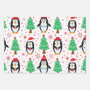 Weihnachtspinguine mit Kiefernbaum-Muster Geschenkpapier Set