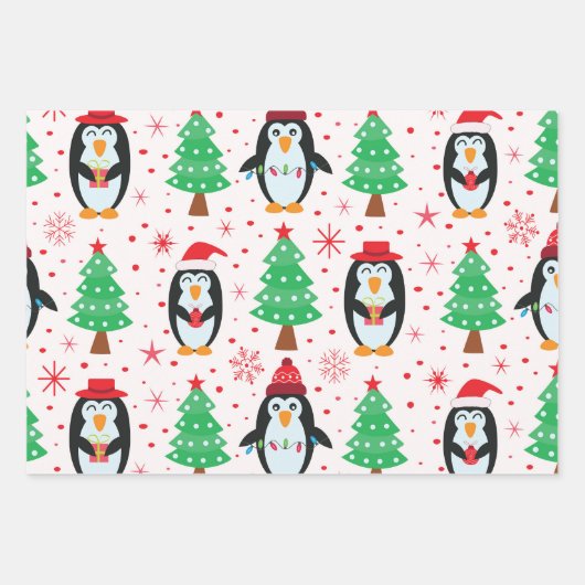 Weihnachtspinguine mit Pine Trees Pattern Geschenkpapier Set (Vorderseite)