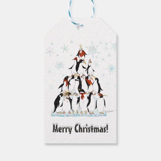 Weihnachtspinguine Muster mit Schneeflocken Geschenkanhänger (Rückseite)