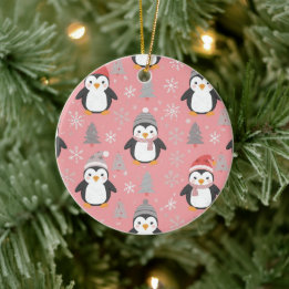 Weihnachtspinguine Muster Rosa Grau Keramik Ornament