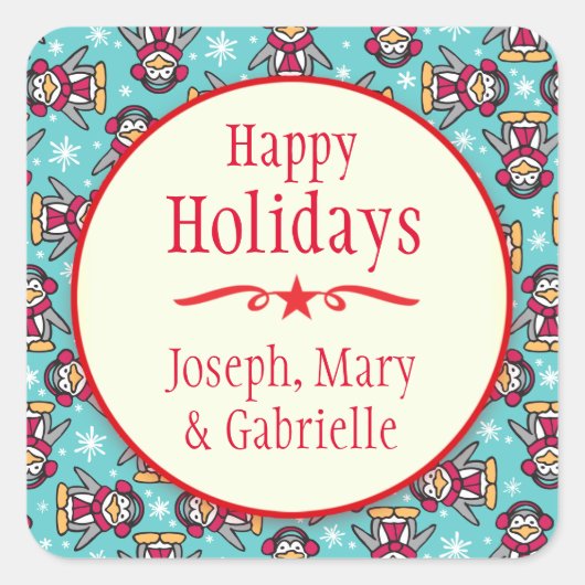 Weihnachtspinguine Namensschild Quadratischer Aufkleber (Vorderseite)