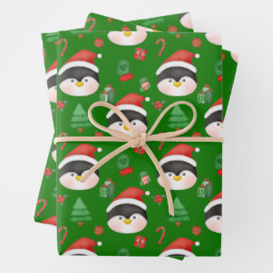 Weihnachtspinguine, Ornamente und Geschenke Grün Geschenkpapier Set