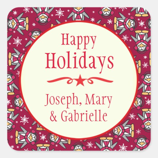 Weihnachtspinguine: Roter Weihnachtsgeschenk-Aufkl Quadratischer Aufkleber (Vorderseite)