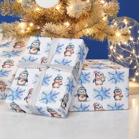 Weihnachtspinguine und Schneeflocken Geschenkpapier (Feiertage)