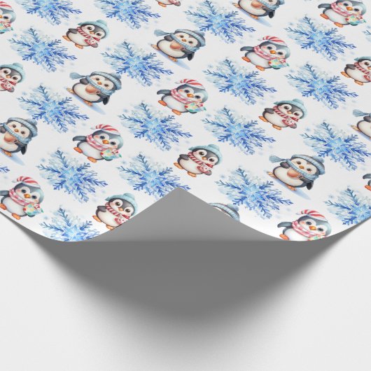 Weihnachtspinguine und Schneeflocken Geschenkpapier (Ecke)