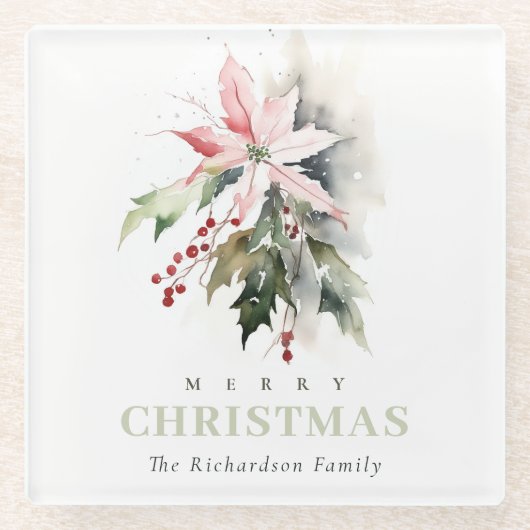 Weihnachtspoinsettia Berries Folies Wasserfarbe Glasuntersetzer (Vorderseite)