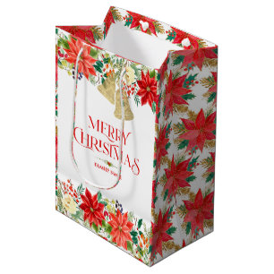 Weihnachtspoinsettia-Muster und Typografie  Mittlere Geschenktüte