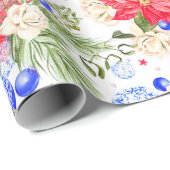 Weihnachtspoinsettia-Rosen-u. Blau-Verzierungen Geschenkpapier (Rolleneckpunkt)
