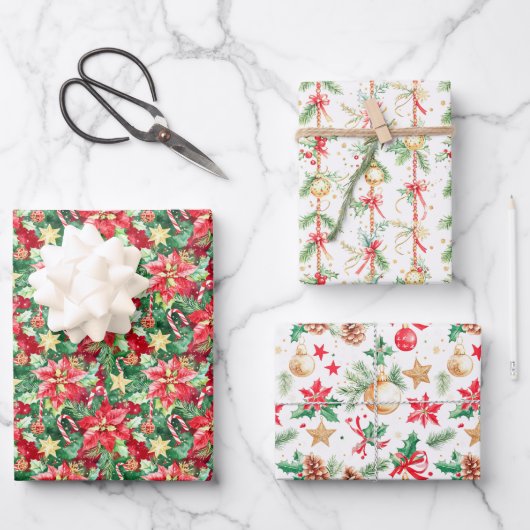 Weihnachtspoinsettias und Ornamente Geschenkpapier Set (Vorderseite)