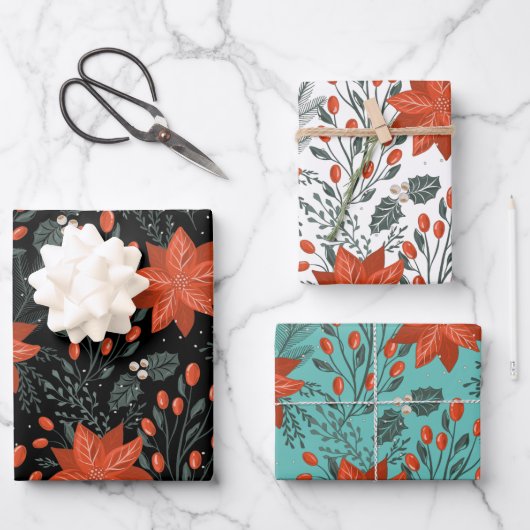 Weihnachtspoinsettienmuster Geschenkpapier Set (Vorderseite)