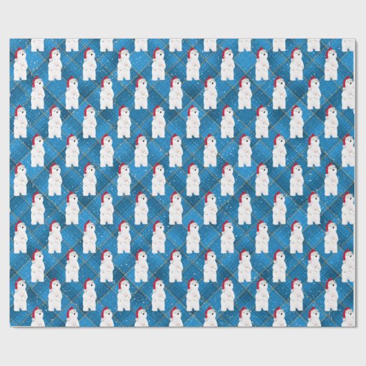 Weihnachtspolarbär auf blauem Kariert Geschenkpapier (Flach)